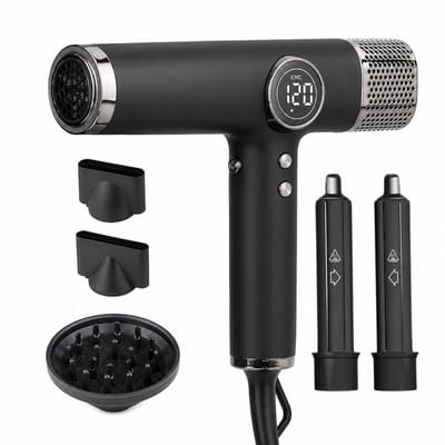 Haardroger - 1800 W - 110.000 tpm - ionische verzorging met constante temperatuur - koude en warme lucht met twee blaasmonden - zwart met vijf accessoires