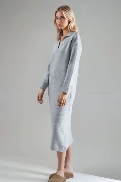 Geribbelde Polo Kragen Maxi Tricot Jurk