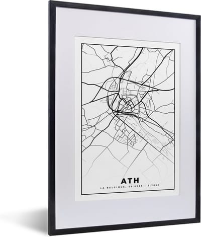 Fotolijst incl. Poster Zwart Wit- België – Ath – Stadskaart – Kaart – Zwart Wit – Plattegrond - 30x40 cm - Posterlijst