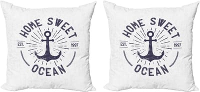 ABAKUHAUS Anker Decoratieve Kussenhoes, Set van 2, Oceaan Woord 50x50 cm, Marineblauw Wit