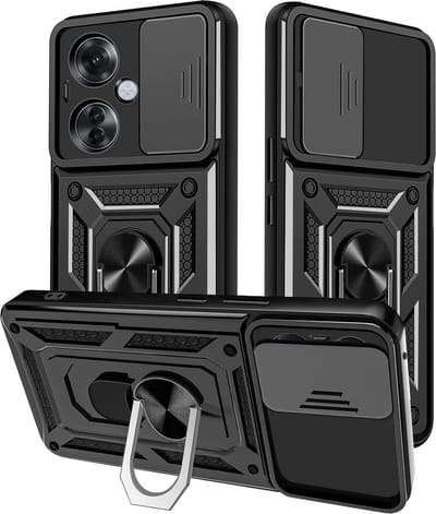Casemania Hoesje Geschikt voor Oppo Reno 11F - Reno 11 F - Zwart - Anti-Shock Hybrid Armor Back Cover - Hoes met Kickstand Ring en Camera Bescherming