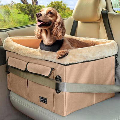 Hondenautostoeltje voor Middelgrote Honden - Stoelverhoger Voor In De Auto, Voor Huisdieren Tot 20 Kg, Kaki