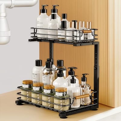 SnelShoppen - 2 Laags Keuken Sink Organiser, Verstelbaar en Uittrekbaar, Onderbouw Rvs Opbergrek, Schoonmaakmiddelen Organizer voor Badkamer en Keuken