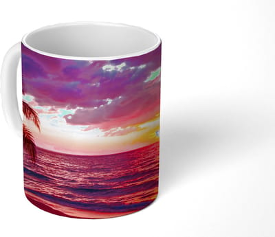Mok - Koffiemok - Zon - Horizon - Roze - Palmboom - Zee - Mokken - 350 ML - Beker - Koffiemokken - Theemok
