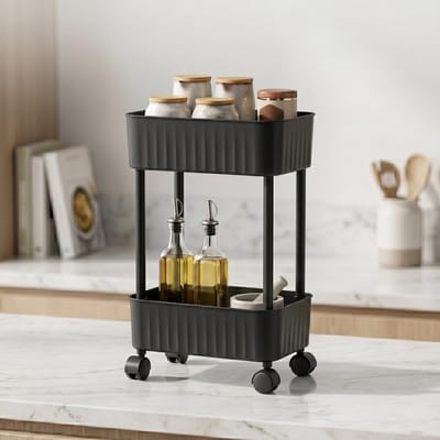 INDECOR 2-Laags Gootsteenkast Organizer op Wielen – Keuken & Badkamer Opbergrek – Onderkast Organizer – 27 X 43X 17 cm - Zwart