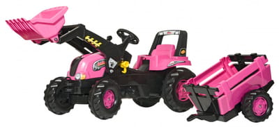 Rolly Toys traptractor Kid Junior met voorlader en aanhanger roze.