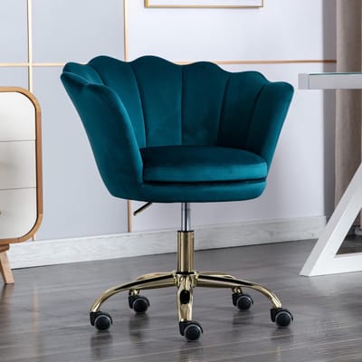 Draaistoel Fluweel - Bureaustoel Bloemblaadje - Comfortabel Werken - Vergulde Poten - 76-85 cm Hoogte - Blauwgroen