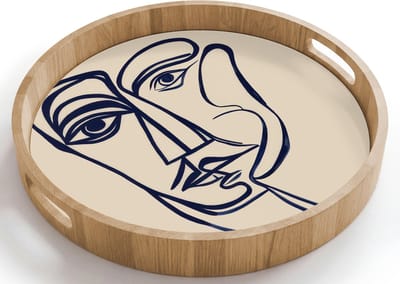 Dienblad rond 40x40 cm - Schootdienblad hout - Minimalistisch - Lijnillustratie - Beige - Donkerblauw - Borrelplank rechthoek - Plateau houten dienbladen