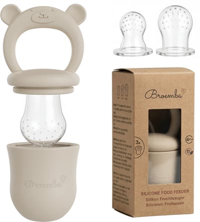 Broemba Fruitspeen Baby - Set met 3 Spenen - Sabbelzakje met Bijtring - 100% siliconen Fopspeen voor groente & fruit - Beige