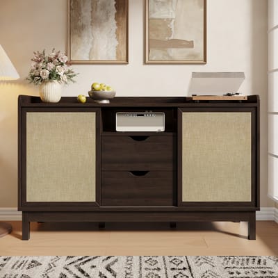 Dressoir met schuifdeuren — 150 cm — 2 lades — Verstelbare planken — Natuurlijke houtafwerking — Vintage tweekleurig design — Geschikt voor woonkamer/eetkamer