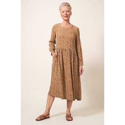 White Stuff Elisa Dress Tan Multi Maat: 10 | Midi Jurken Outlet | Dames | Beige