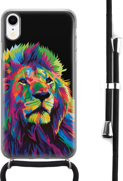 Hoesje met koord - Geschikt voor iPhone XR - Leeuw pop art - Verstelbaar zwart koord - Zwart, Transparant, Multi - Print / Illustratie - Leuke Telefoonhoesjes