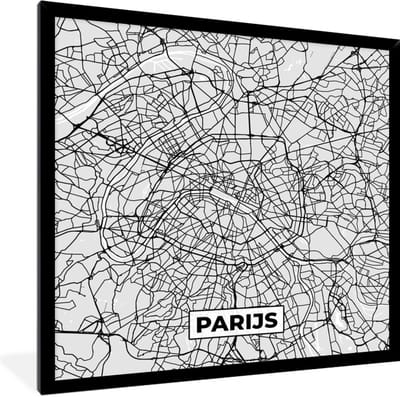 Fotolijst incl. Poster Zwart Wit- Parijs - Stadskaart - Zwart Wit - Plattegrond - Kaart - 40x40 cm - Posterlijst