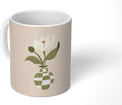 Mok - Koffiemok - Vaas - Geruit - Bloem - Groen - Mokken - 350 ML - Beker - Koffiemokken - Theemok