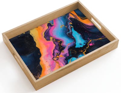 Dienblad hout 40x30 cm - Schootdienblad - Modern - Marmer - Oranje - Borrelplank rechthoek - Plateau dienbladen