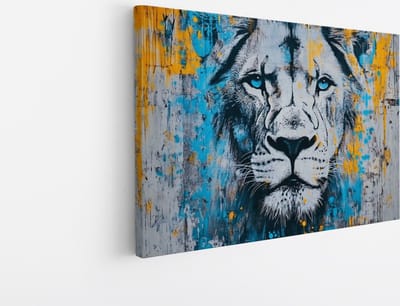 Saammp Canvas Schilderij - Abstracte Leeuw - Kleurrijk - Blauw - Dieren - Natuur - 45x30 - Foto op canvas - Wanddecoratie - Muurdecoratie Woonkamer - Slaapkamer decoratie - Canvas Print