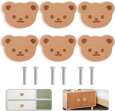 Houten Dier Knoppen voor Meubels - 6 Stuks met Schroeven voor Laden, Kinderkamer en Woonkamer