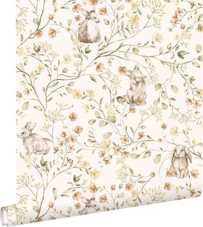ESTAhome behang toile de jouy konijnen groen, geel en terracotta - 0.53 x 10.05 m - 131704