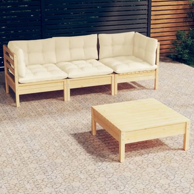 vidaXL - 4-delige - Loungeset - met - crèmekleurige - kussens - grenenhout