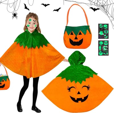 Halloween Pompoen Kostuum voor Kinderen met Cape, Pompoentas, Bat Tattoos en Cosplay Accessoires voor Feest en Verkleedpartij