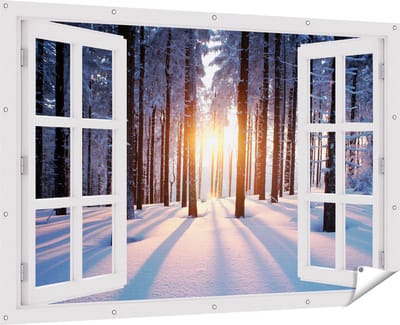 Gards Tuinposter Doorkijk Bos met Sneeuw tijdens de Zonsondergang - 180x120 cm - Tuindoek - Tuindecoratie - Wanddecoratie buiten - Tuinschilderij