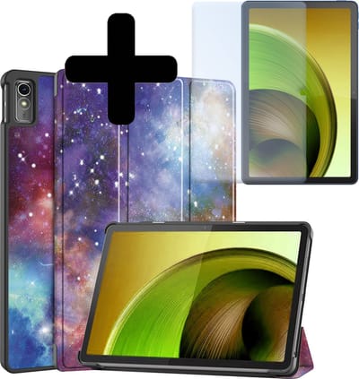 Hoes - Geschikt voor Lenovo Tab M10 5G - Met Screenprotector - Trifold Bookcase - Hard Cover - Hardcover Book Case - Tablet Hoesje - Galaxy