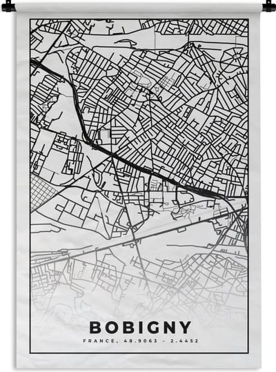 Wandkleed - Wanddoek - Stadskaart - Bobigny - Frankrijk - Kaart - Plattegrond - Zwart wit - 120x180 cm - Wandtapijt