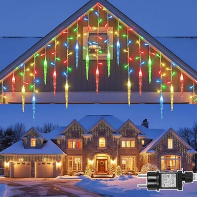 Rosnek 16 IJspegels Lichtgordijn Buiten - IP44 Laagspanning 96LEDs IJs Hanglamp - 8 Standen Lichtsnoer Camping, Timer, Koppelbaar Lichtsnoer Buiten en Binnen voor Slaapkamer, Camping - Gekleurd licht