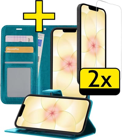 Hoesje - Met 2x Screenprotector - Geschikt voor Apple iPhone 17e - Luxe Pasjeshouder - Bookcase Portemonee - Flip Case - Kunstleer Book Case - Flipcase Hoes - Book Cover - Walletcase - Portemonneehoes - Telefoonhoesjes - Turquoise