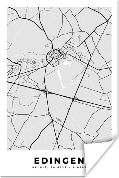 Poster België – Edingen – Stadskaart – Kaart – Zwart Wit – Plattegrond - 120x180 cm XXL
