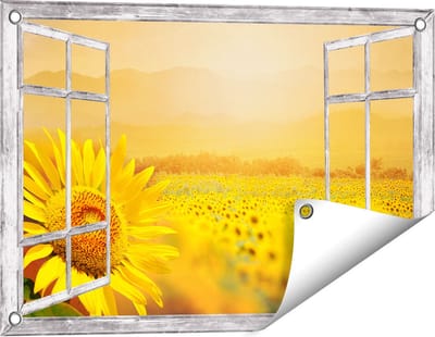 Gards Tuinposter Doorkijk Zonnebloemen Veld met Zonopkomst - 60x40 cm - Tuindoek - Tuindecoratie - Wanddecoratie buiten - Tuinschilderij