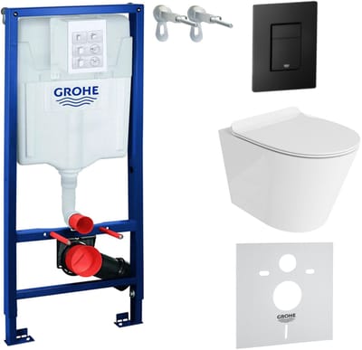 Inbouwreservoir Complete Toiletset Grohe Solido 39069000 - Inbouw WC Hangtoilet Wandcloset Galve Wit Hoogglans - Bedieningsplaat EVEN 3in1 Zwart - Voorwandelement - Installatiesysteem