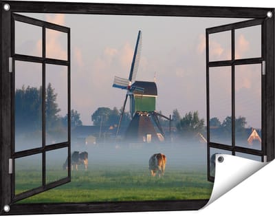 Gards Tuinposter Doorkijk Landschap met Koeien - 90x60 cm - Tuindoek - Tuindecoratie - Wanddecoratie buiten - Tuinschilderij