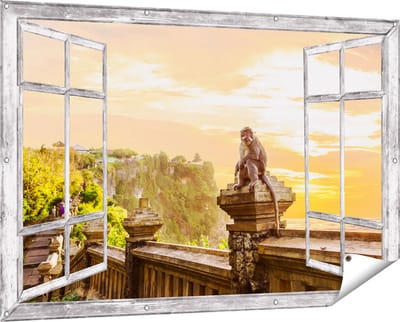 Gards Tuinposter Doorkijk Aap op de Uluwatu Tempel in Bali - 150x100 cm - Tuindoek - Tuindecoratie - Wanddecoratie buiten - Tuinschilderij