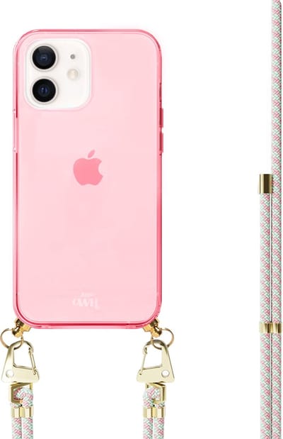 xoxo Wildhearts silicone case met koord - Roze telefoonhoesje met koord - telefoonketting - Aqua Pink - Cord Case - geschikt voor Apple iPhone 11 - Lichtblauw / Roze gestreept koord
