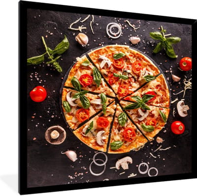 Fotolijst incl. Poster - Pizza - Groente - Kruiden - Keuken - Industrieel - 40x40 cm - Posterlijst