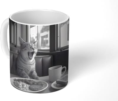 Mok - Koffiemok - Kat - Koffie - Brood - Zwart - Mokken - 350 ML - Beker - Koffiemokken - Theemok