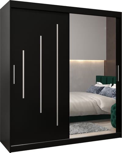 InspireMe - Kledingkast met 2 schuifdeuren, Modern-stijl, Een kledingkast met planken en een spiegel (BxHxD): 180x200x62 - MALTESE II 180 Zwart Mat