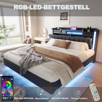 Gestoffeerd bed 160x200 cm met LED-verlichting en USB-aansluiting - met nachtkastje - zwevend bed - grijs - zonder matras