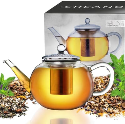 Creano glazen theepot 1,2l, 3-delige glazen theepot met geïntegreerde roestvrijstalen zeef en glazen deksel, ideaal voor het bereiden van losse thee, druppelvrij, all-in-one