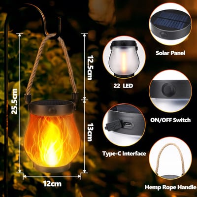 Vlamlantaarn op zonne-energie, voor buiten, waterdicht, met dubbele oplaadmodi, zonne-energie en USB, voor tuin of binnenplaats, kerstdecoratie (2)