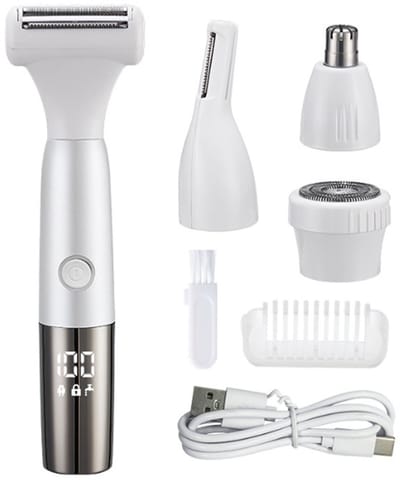4-in-1 Oplaadbare Multifunctionele Ontharingsset met LED-display, Scheerapparaat voor Gezicht, Lichaam en Neushaartrimmer, Wit-Zilver