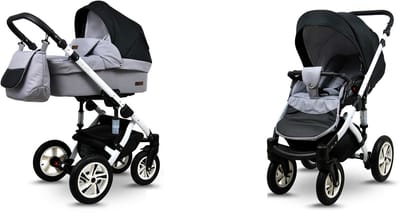 BabyLux® Kinderwagen 2in1 – SKY LARK - Silver Flex Black WHITE FRAME - Opklapbare Wandelwagen incl. Reiswieg, Multifunctionele Buggy Sportstoel - Combi-kinderwagen met Luiertas, Regenhoes, Klamboe, Bekerhouder, etc.