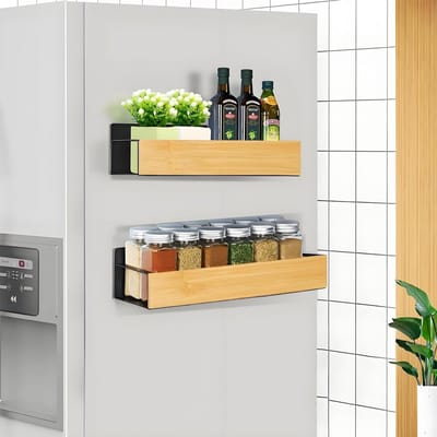 Kruidenrek voor Koelkast, 2 Stuks Magnetisch Rek Hout, Koelkast Magneet Plank Bamboe Magnetic Spice Rack Magnetic Shelf voor Keuken Opslag en Organisatie, Zwart