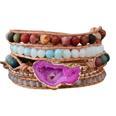 Marama - wikkelarmband Onyx Pink - bruin leer - edelsteen onyx - 83.5 cm - one size fits all - cadeautje voor haar