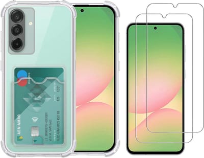 Transparant hoesje met Pasjeshouder geschikt voor Samsung Galaxy A26 - Shock Proof Case Met gehard glas Screenprotectors – 2 Packs