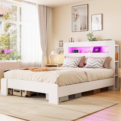 HAUSS SPOLE Houten Bed 140x200 cm - Zonder Matras Met Opberg Hoofdbord En Ledverlichting - Met Stopcontacten - Slaapkamer - Wit
