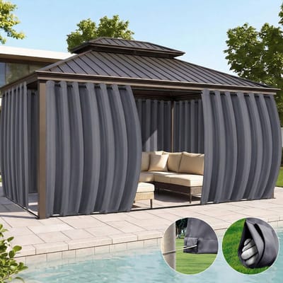 Qelus Extra Breed Buitengordijn Winddicht & Waterdicht - Outdoor Gordijn met Oogjes (Boven) en Anti-wind Lussen (Onder) - Weerbestendig voor Pergola - 180x213cm - Donkergrijs - 1 Stuk