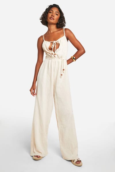 boohoo Dames Hoge jumpsuit van kaasdoek met bandjes, riemde taille en wijde pijpen | Stone | Maat: 16