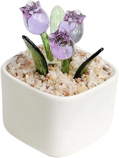 Glazen boeket - Kunstkristal bloemen - Woonkamer decoratie - Allergievrij ontwerp - 6 x 6 x 6 cm - Lila